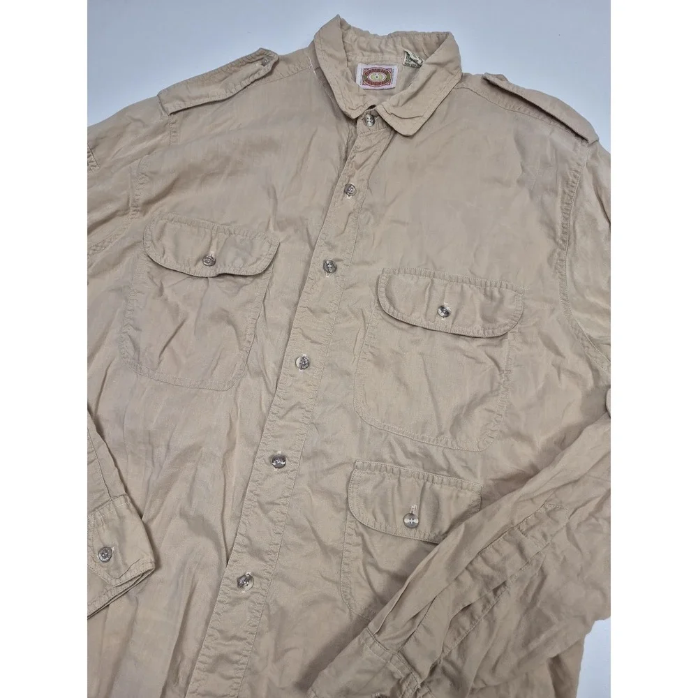 VTG Banana Republic Shirt Mens L Beige Safari Utility L/S Button Up Pockets